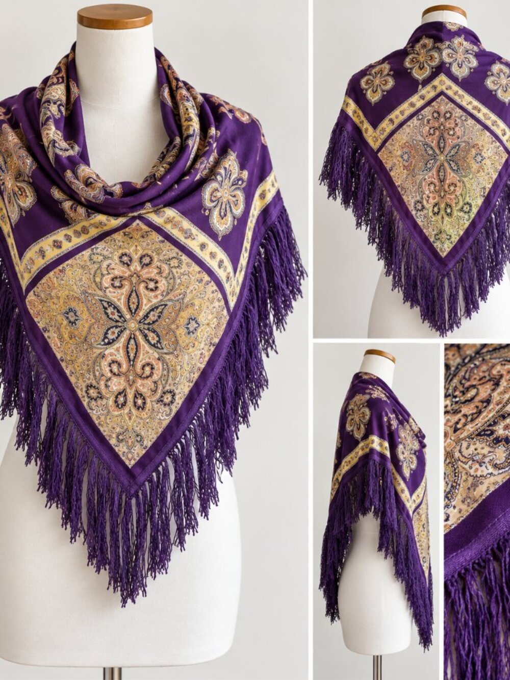 Vintage Purple Paisley Fringe Scarf Shawl 55" Boho Retro Floral